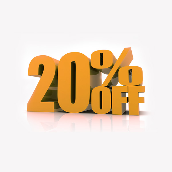 The image shows a digital graphic of a 3D text 20 OFF with a discount symbol indicating a significant price reduction.